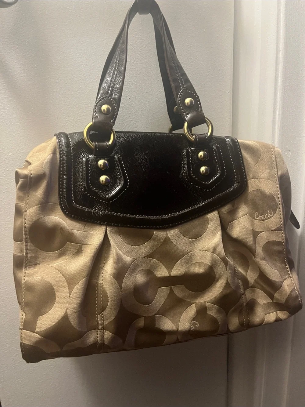 Coach Signature Shoulder Bag in Tan and Brown with Gold Hardware